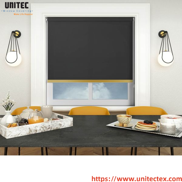 high ceiling black roller blinds