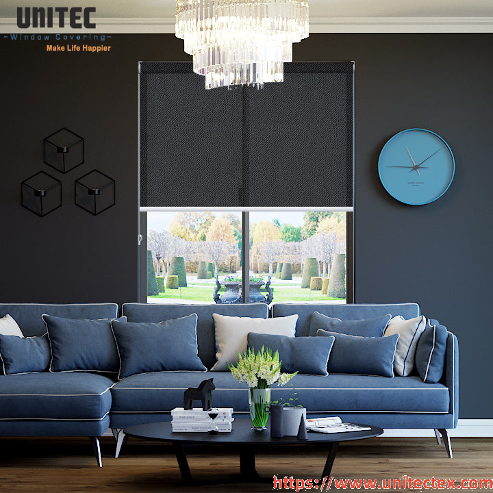high ceiling black roller blinds