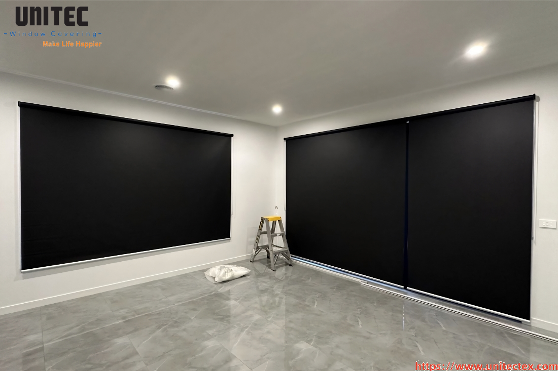 high ceiling black roller blinds