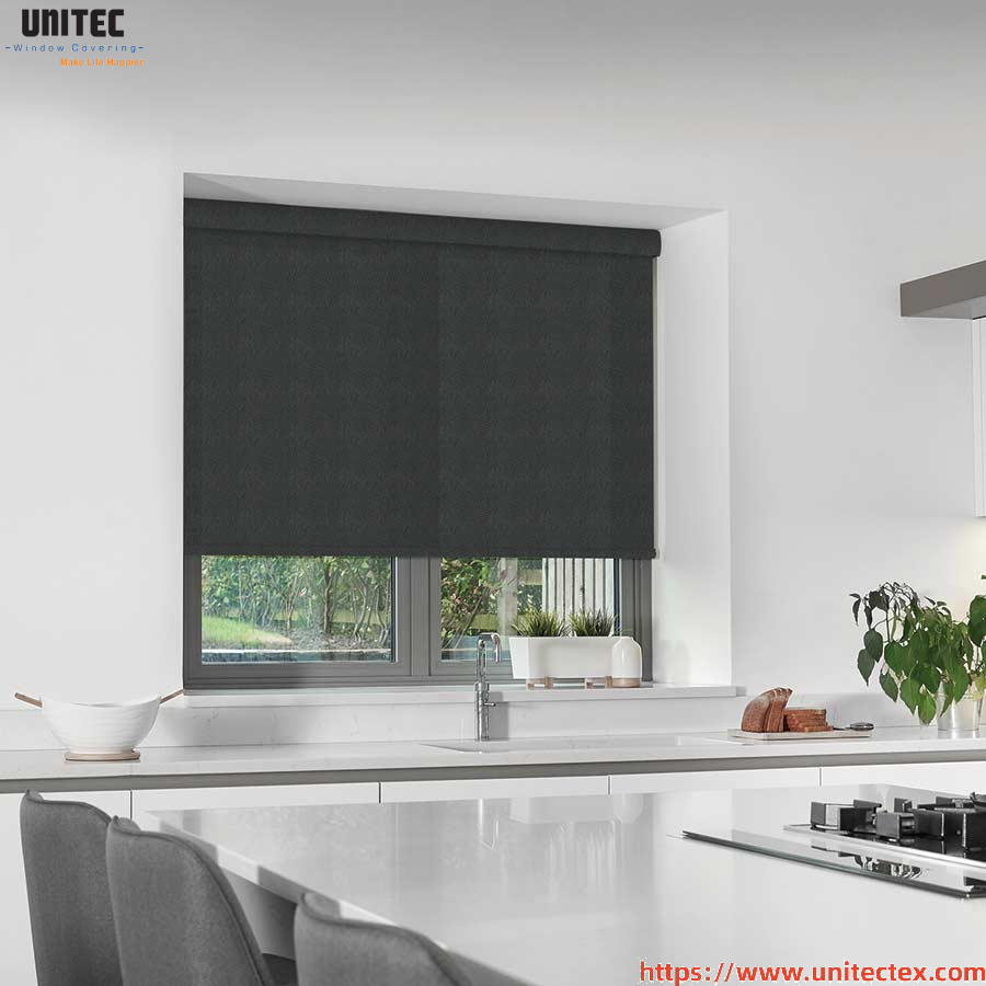 high ceiling black roller blinds